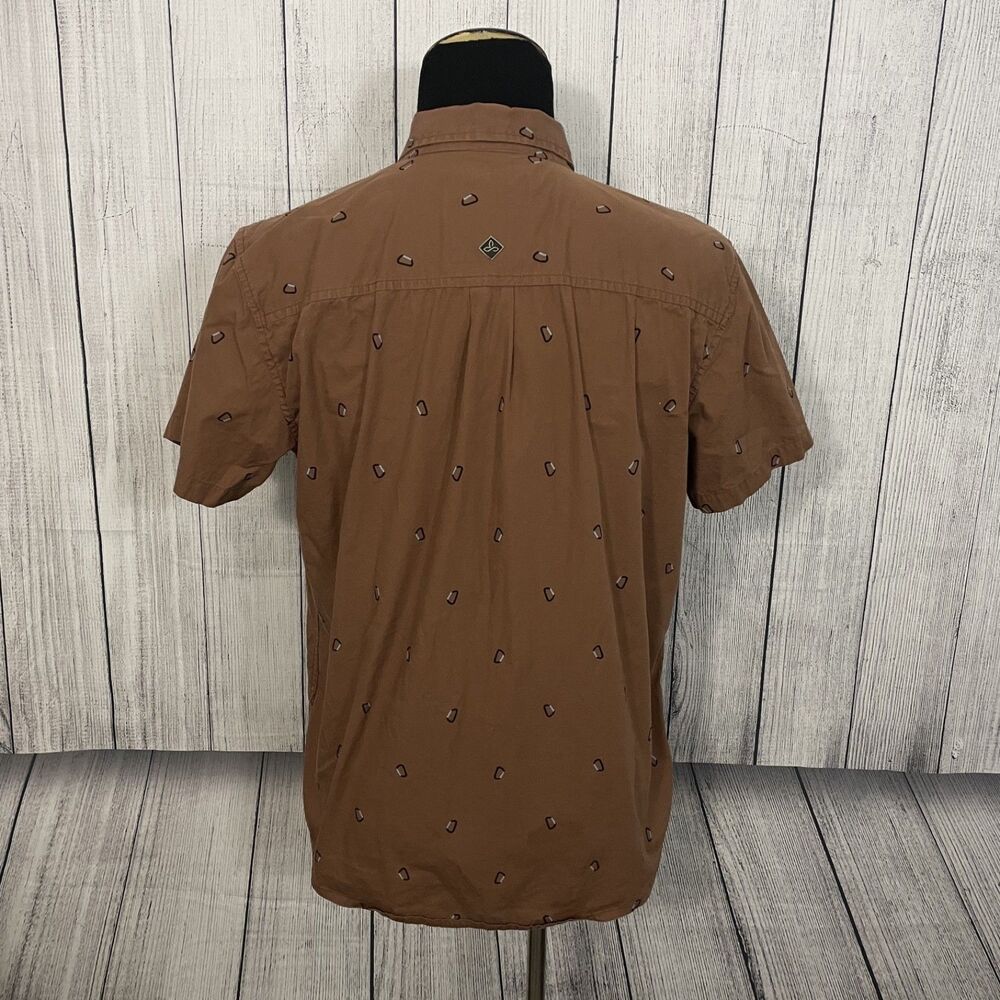 prAna Men's Large Brown Carabiner AOP Short Sleeve Button-Front Shirt - Picture 3 of 7